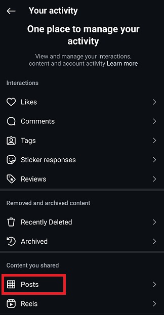 tap on posts - mass delete Instagram posts