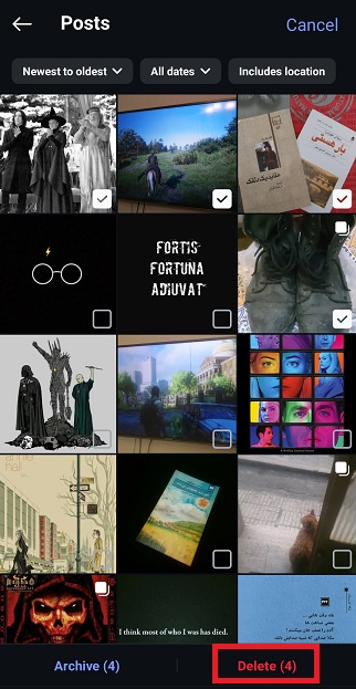 choose the pics you want to delete and tap delete