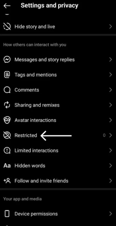 Got to restricted option from Instagram settings