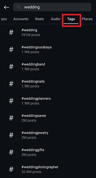 go to the Instagram search section and search for the word and choose the right one from the options under “Tags.”