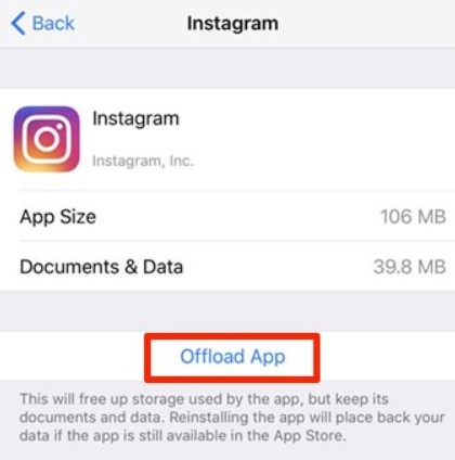 To clear the Instagram cache, click Offload App.