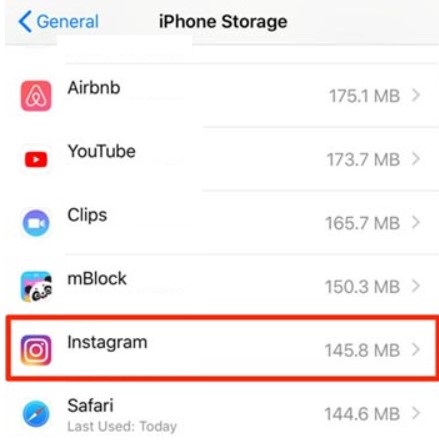 select iPhone Storage and locate Instagram.