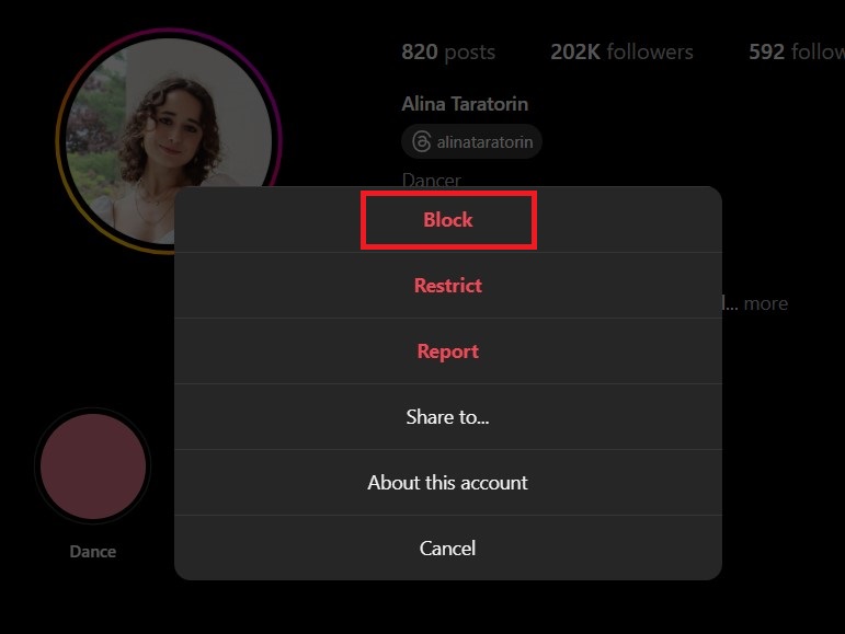 choose block from the three dot options - How to Unview Someone’s Story on Instagram