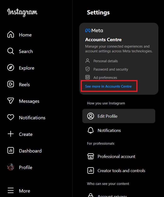 click on “See more in accounts centre”