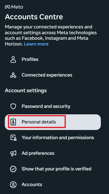 choose personal details form the options