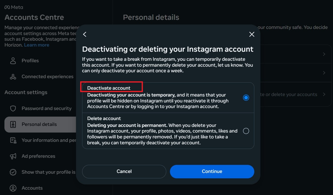 You need to choose your profile and, at the end, choose “Deactivate account.”