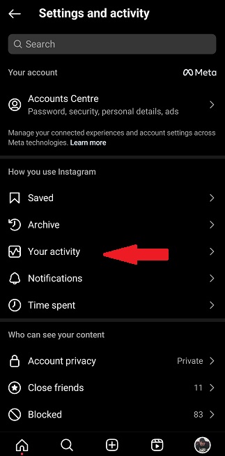 Select ‘Your activity’ from settings