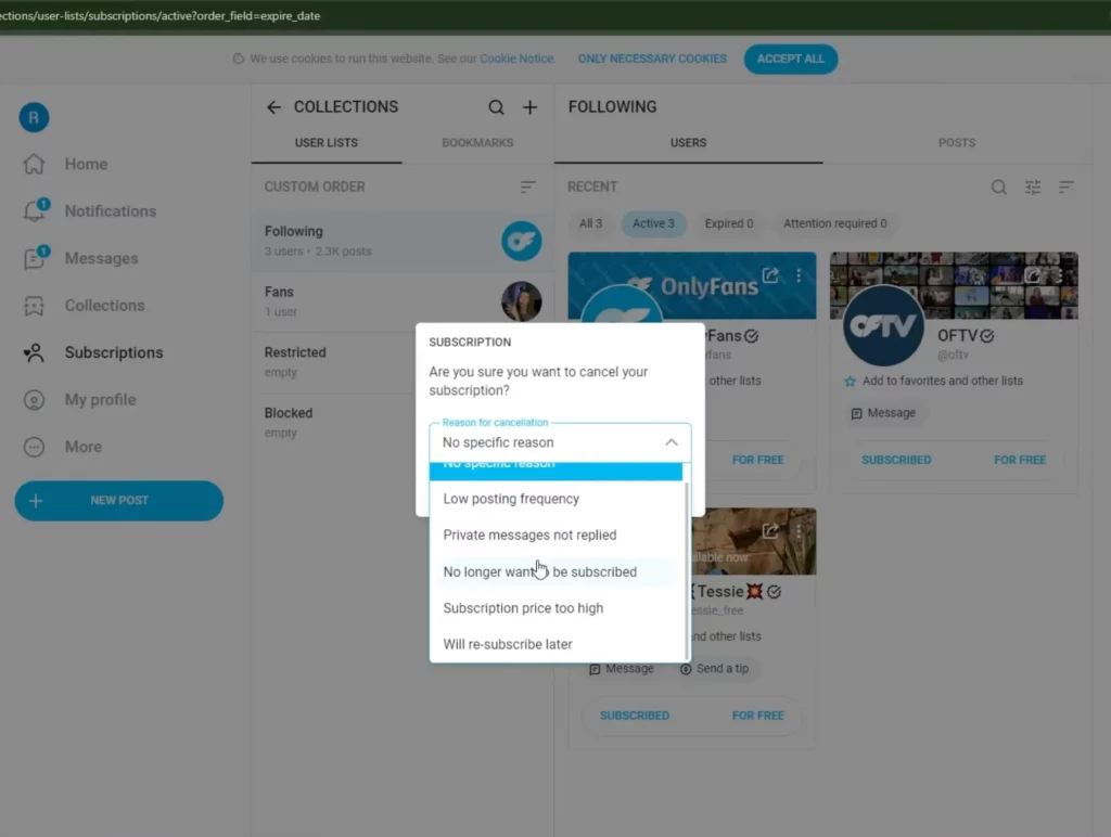 The list of reasons for unsubscribing to a creator on OnlyFans
