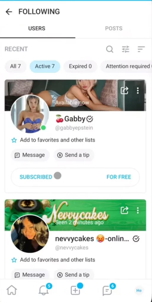 A screenshot of the creators in the OnlyFans following list