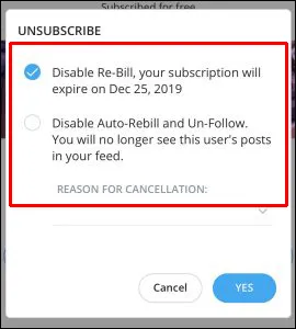 The choice between disabling rebill or auto-rebill on OnlyFans