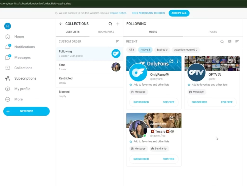 The Following section on OnlyFans desktop