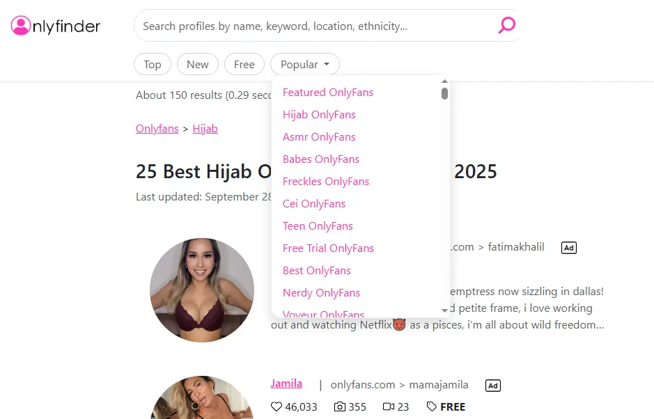 OnlyFinder's filtering options