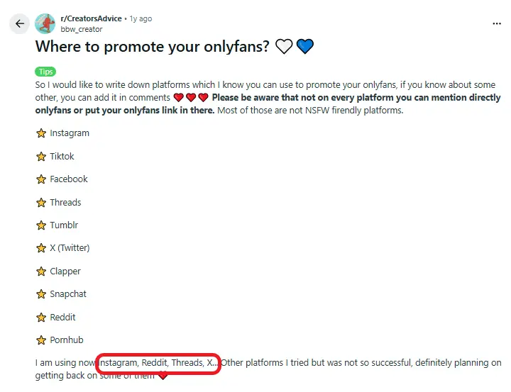 a list of suitable platforms for onlyfans promotion