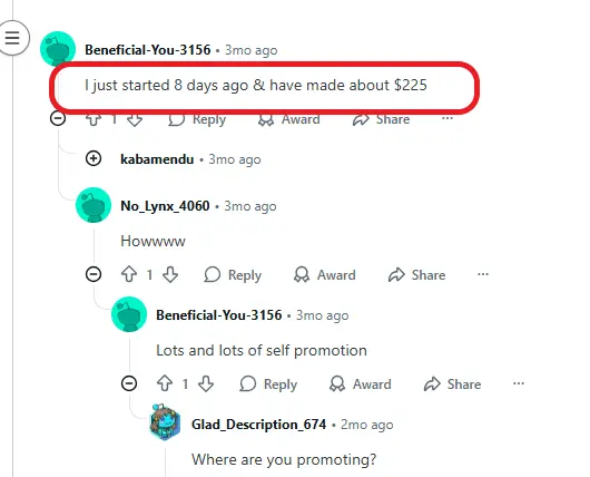 a reddit thread about a beginner's income from onlyfans