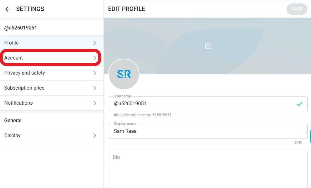 tap Account to delete a profile on onlyfans