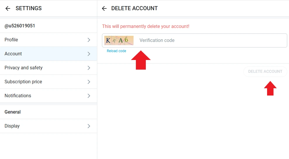 entering verification code and deleting an onlyfans account