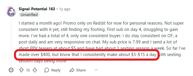 a reddit post about a beginner's income on onlyfans