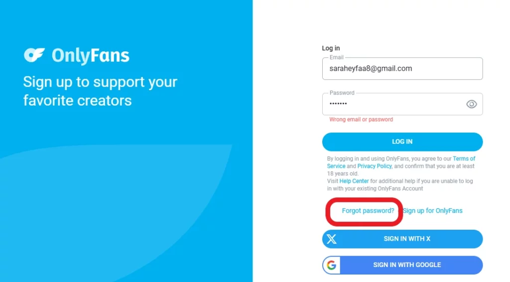 how to reset password on OnlyFans