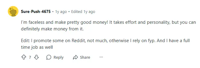 A Reddit comment saying it's possible to monetize OF faceless