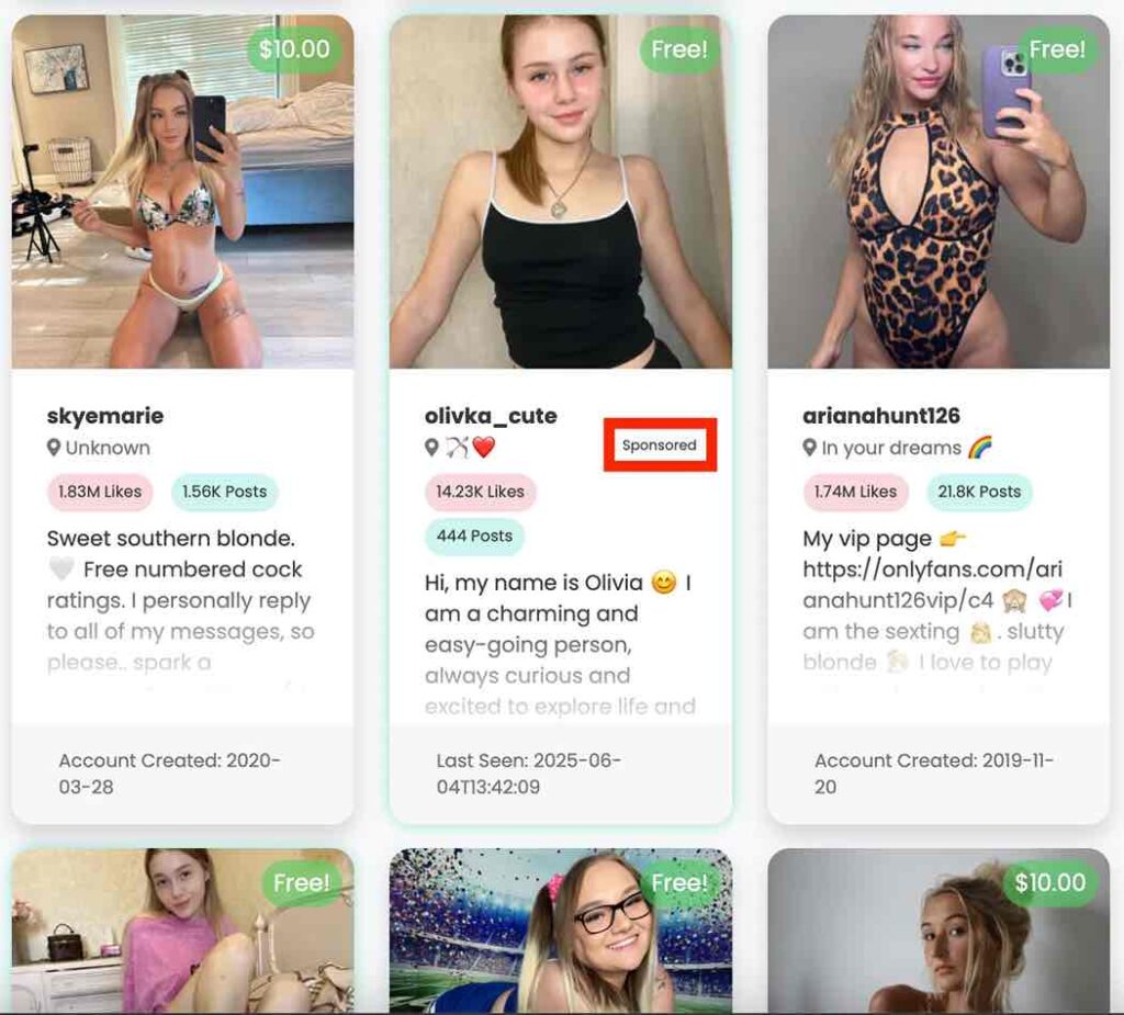 Screenshot of a sponsored creator on an OnlyFans search engine